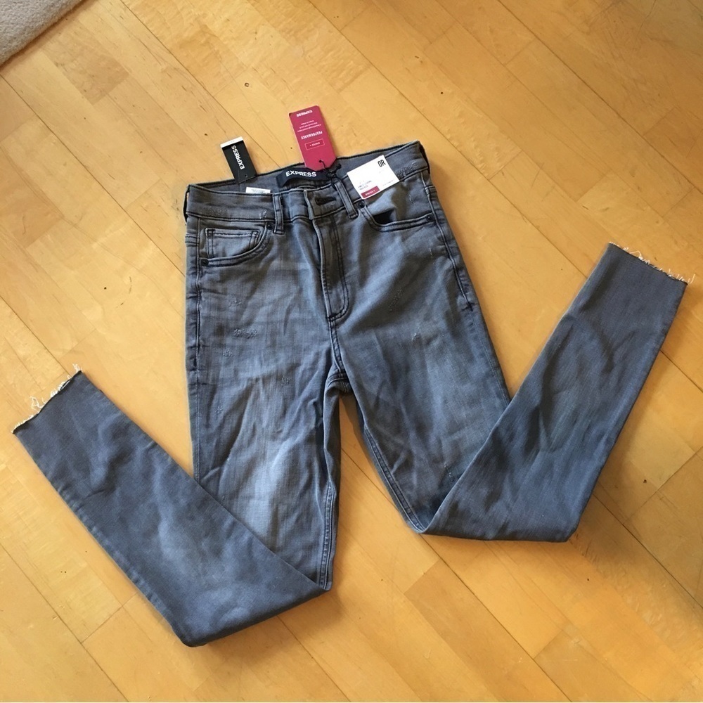 Express Stretch, High Rise, Raw Hem, Ankle Legging Jeans, Size 0R, Gray